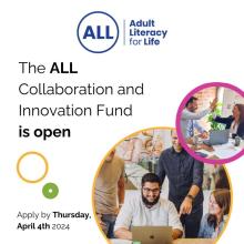 ALL fund image with words The ALL Collaboration and Innovation Fund is open and images of people sitting looking at tablet device.