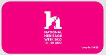 Words National Heritage Week 2023 in white on pink background, with large h letter including outline of violin..