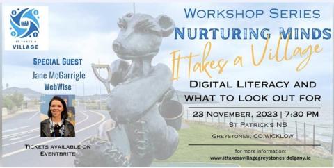Poster about Nurturing Minds Digital Literacy workshop with image of mouse sculpture from Greystones seaside