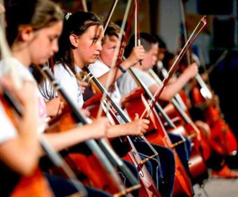 Photo of young people in a row playing cellos