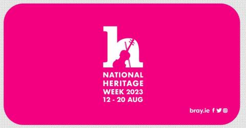 Words National Heritage Week 2023 in white on pink background, with large h letter including outline of violin..
