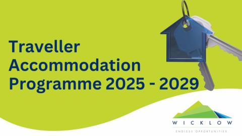 Words Traveller Accommodation Programme 2025-2028 and image of keys with a key ring in shape of a house.