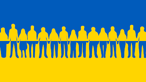 Ukrainian flag image with row of people standing