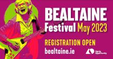 Bealtaine Festival May 2023 poster with image of older woman playing electric guitar.