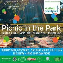 Poster with picture of picnic rug on the ground in a park and words about Picnic in the Park