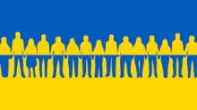Ukrainian flag image with row of people standing