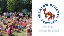 Photo of children sitting in park at event and logo of Wicklow Regatta Festival