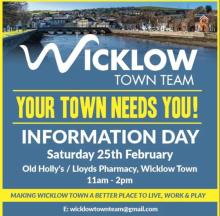 Poster with photo of the river in Wicklow Town and words Wicklow Town Team, your town needs you, information day, with date and time.